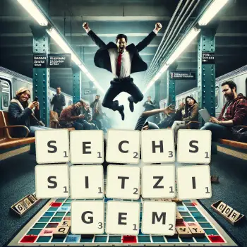 Kreative Illustration für ein Scrabble-Spiel, bei dem das Wort SECHSSITZIGEM mit Steinen auf dem Brett gelegt wurde.