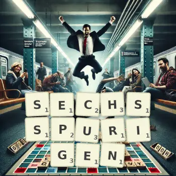 Kreative Illustration für ein Scrabble-Spiel, bei dem das Wort SECHSSPURIGEN mit Steinen auf dem Brett gelegt wurde.