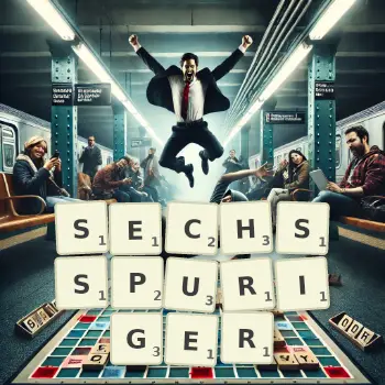Kreative Illustration für ein Scrabble-Spiel, bei dem das Wort SECHSSPURIGER mit Steinen auf dem Brett gelegt wurde.