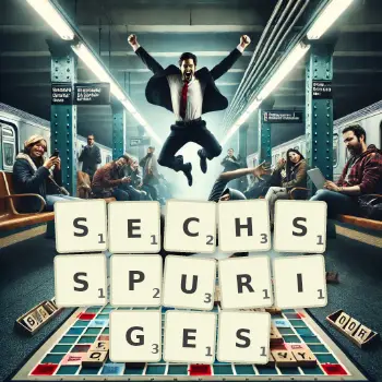 Kreative Illustration für ein Scrabble-Spiel, bei dem das Wort SECHSSPURIGES mit Steinen auf dem Brett gelegt wurde.