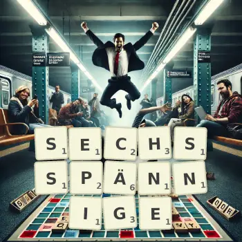 Kreative Illustration für ein Scrabble-Spiel, bei dem das Wort SECHSSPÄNNIGE mit Steinen auf dem Brett gelegt wurde.