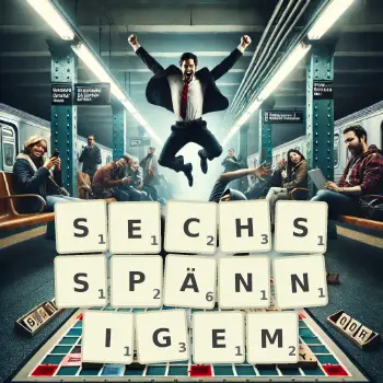 Kreative Illustration für ein Scrabble-Spiel, bei dem das Wort SECHSSPÄNNIGEM mit Steinen auf dem Brett gelegt wurde.