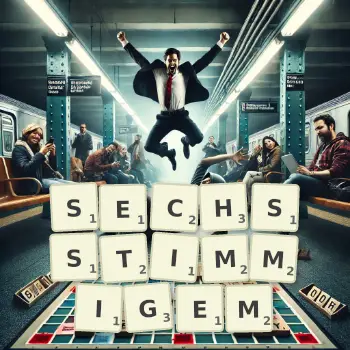 Kreative Illustration für ein Scrabble-Spiel, bei dem das Wort SECHSSTIMMIGEM mit Steinen auf dem Brett gelegt wurde.
