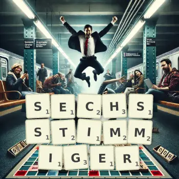 Kreative Illustration für ein Scrabble-Spiel, bei dem das Wort SECHSSTIMMIGER mit Steinen auf dem Brett gelegt wurde.