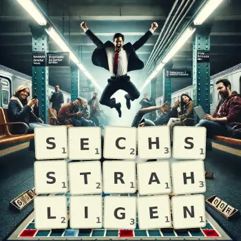 Kreative Illustration für ein Scrabble-Spiel, bei dem das Wort SECHSSTRAHLIGEN mit Steinen auf dem Brett gelegt wurde.