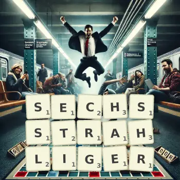 Kreative Illustration für ein Scrabble-Spiel, bei dem das Wort SECHSSTRAHLIGER mit Steinen auf dem Brett gelegt wurde.