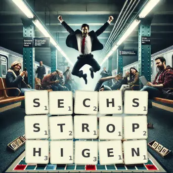 Kreative Illustration für ein Scrabble-Spiel, bei dem das Wort SECHSSTROPHIGEN mit Steinen auf dem Brett gelegt wurde.