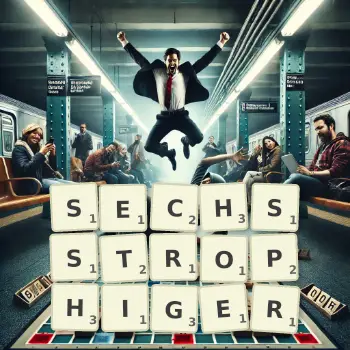 Kreative Illustration für ein Scrabble-Spiel, bei dem das Wort SECHSSTROPHIGER mit Steinen auf dem Brett gelegt wurde.