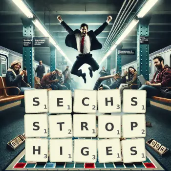 Kreative Illustration für ein Scrabble-Spiel, bei dem das Wort SECHSSTROPHIGES mit Steinen auf dem Brett gelegt wurde.