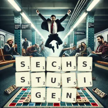 Kreative Illustration für ein Scrabble-Spiel, bei dem das Wort SECHSSTUFIGEN mit Steinen auf dem Brett gelegt wurde.