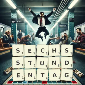 Kreative Illustration für ein Scrabble-Spiel, bei dem das Wort SECHSSTUNDENTAG mit Steinen auf dem Brett gelegt wurde.