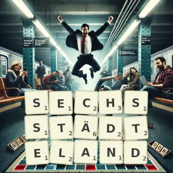 Kreative Illustration für ein Scrabble-Spiel, bei dem das Wort SECHSSTÄDTELAND mit Steinen auf dem Brett gelegt wurde.