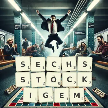Kreative Illustration für ein Scrabble-Spiel, bei dem das Wort SECHSSTÖCKIGEM mit Steinen auf dem Brett gelegt wurde.