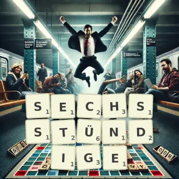 Kreative Illustration für ein Scrabble-Spiel, bei dem das Wort SECHSSTÜNDIGE mit Steinen auf dem Brett gelegt wurde.