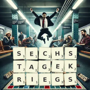 Kreative Illustration für ein Scrabble-Spiel, bei dem das Wort SECHSTAGEKRIEGS mit Steinen auf dem Brett gelegt wurde.