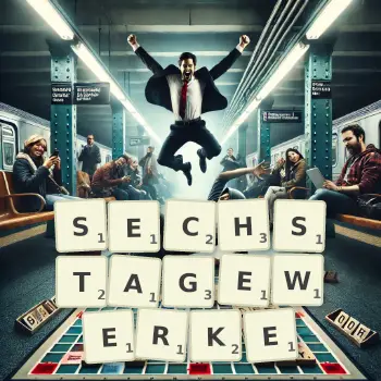 Kreative Illustration für ein Scrabble-Spiel, bei dem das Wort SECHSTAGEWERKE mit Steinen auf dem Brett gelegt wurde.
