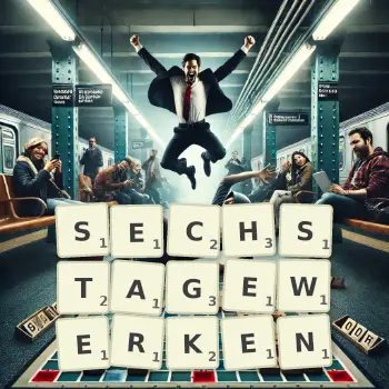 Kreative Illustration für ein Scrabble-Spiel, bei dem das Wort SECHSTAGEWERKEN mit Steinen auf dem Brett gelegt wurde.