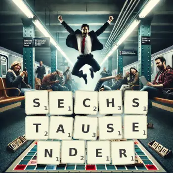 Kreative Illustration für ein Scrabble-Spiel, bei dem das Wort SECHSTAUSENDER mit Steinen auf dem Brett gelegt wurde.