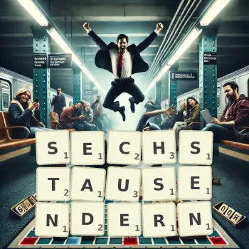Kreative Illustration für ein Scrabble-Spiel, bei dem das Wort SECHSTAUSENDERN mit Steinen auf dem Brett gelegt wurde.