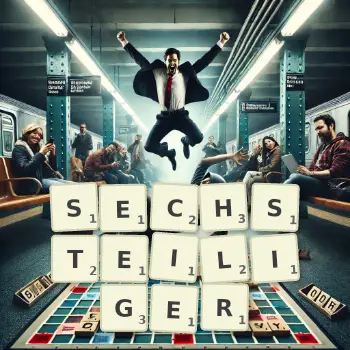 Kreative Illustration für ein Scrabble-Spiel, bei dem das Wort SECHSTEILIGER mit Steinen auf dem Brett gelegt wurde.