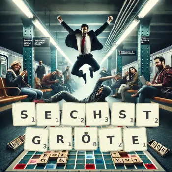 Kreative Illustration für ein Scrabble-Spiel, bei dem das Wort SECHSTGRÖTE mit Steinen auf dem Brett gelegt wurde.