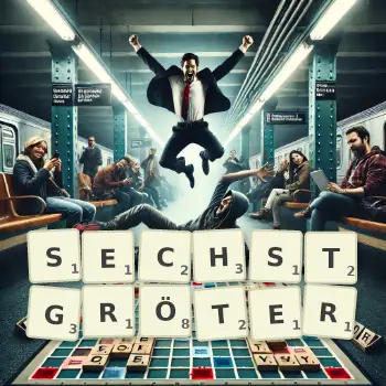 Kreative Illustration für ein Scrabble-Spiel, bei dem das Wort SECHSTGRÖTER mit Steinen auf dem Brett gelegt wurde.