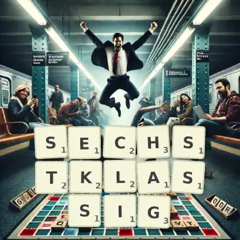 Kreative Illustration für ein Scrabble-Spiel, bei dem das Wort SECHSTKLASSIG mit Steinen auf dem Brett gelegt wurde.