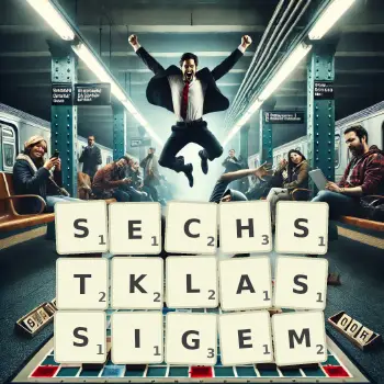 Kreative Illustration für ein Scrabble-Spiel, bei dem das Wort SECHSTKLASSIGEM mit Steinen auf dem Brett gelegt wurde.