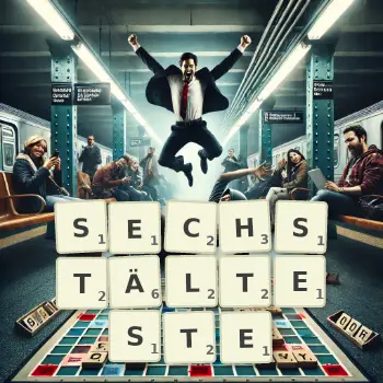Kreative Illustration für ein Scrabble-Spiel, bei dem das Wort SECHSTÄLTESTE mit Steinen auf dem Brett gelegt wurde.