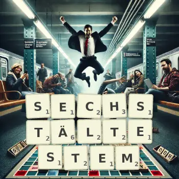 Kreative Illustration für ein Scrabble-Spiel, bei dem das Wort SECHSTÄLTESTEM mit Steinen auf dem Brett gelegt wurde.