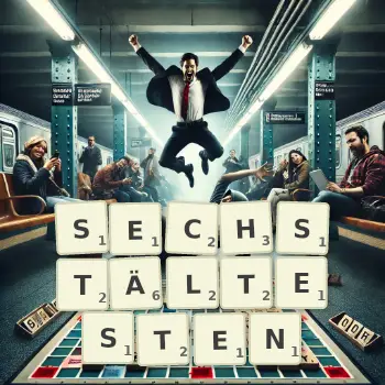 Kreative Illustration für ein Scrabble-Spiel, bei dem das Wort SECHSTÄLTESTEN mit Steinen auf dem Brett gelegt wurde.