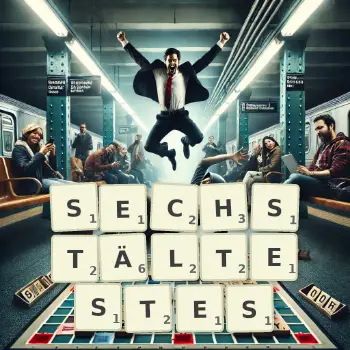 Kreative Illustration für ein Scrabble-Spiel, bei dem das Wort SECHSTÄLTESTES mit Steinen auf dem Brett gelegt wurde.