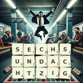 Kreative Illustration für ein Scrabble-Spiel, bei dem das Wort SECHSUNDACHTZIG mit Steinen auf dem Brett gelegt wurde.