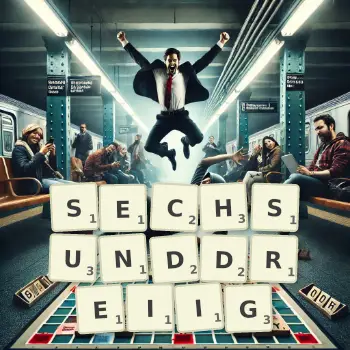 Kreative Illustration für ein Scrabble-Spiel, bei dem das Wort SECHSUNDDREIIG mit Steinen auf dem Brett gelegt wurde.
