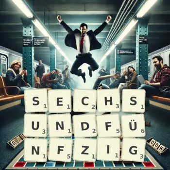 Kreative Illustration für ein Scrabble-Spiel, bei dem das Wort SECHSUNDFÜNFZIG mit Steinen auf dem Brett gelegt wurde.