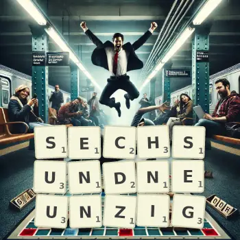 Kreative Illustration für ein Scrabble-Spiel, bei dem das Wort SECHSUNDNEUNZIG mit Steinen auf dem Brett gelegt wurde.