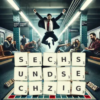 Kreative Illustration für ein Scrabble-Spiel, bei dem das Wort SECHSUNDSECHZIG mit Steinen auf dem Brett gelegt wurde.