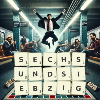 Kreative Illustration für ein Scrabble-Spiel, bei dem das Wort SECHSUNDSIEBZIG mit Steinen auf dem Brett gelegt wurde.