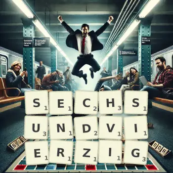 Kreative Illustration für ein Scrabble-Spiel, bei dem das Wort SECHSUNDVIERZIG mit Steinen auf dem Brett gelegt wurde.