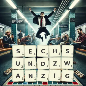 Kreative Illustration für ein Scrabble-Spiel, bei dem das Wort SECHSUNDZWANZIG mit Steinen auf dem Brett gelegt wurde.