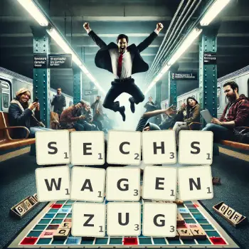 Kreative Illustration für ein Scrabble-Spiel, bei dem das Wort SECHSWAGENZUG mit Steinen auf dem Brett gelegt wurde.
