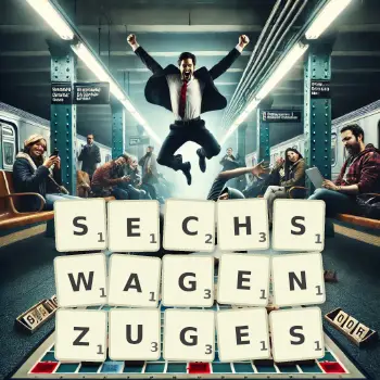 Kreative Illustration für ein Scrabble-Spiel, bei dem das Wort SECHSWAGENZUGES mit Steinen auf dem Brett gelegt wurde.