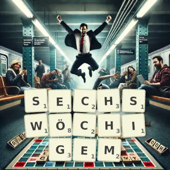 Kreative Illustration für ein Scrabble-Spiel, bei dem das Wort SECHSWÖCHIGEM mit Steinen auf dem Brett gelegt wurde.
