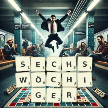 Kreative Illustration für ein Scrabble-Spiel, bei dem das Wort SECHSWÖCHIGER mit Steinen auf dem Brett gelegt wurde.