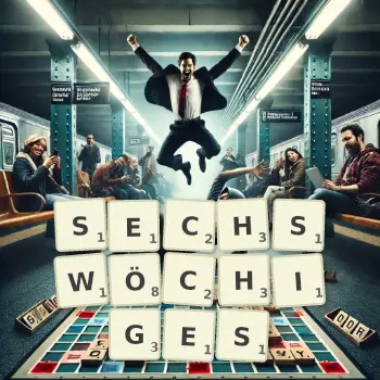Kreative Illustration für ein Scrabble-Spiel, bei dem das Wort SECHSWÖCHIGES mit Steinen auf dem Brett gelegt wurde.
