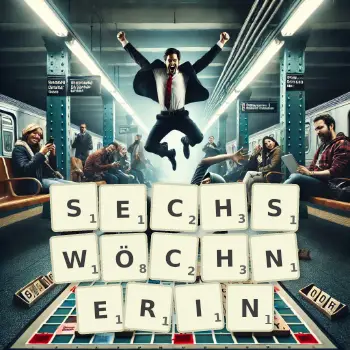 Kreative Illustration für ein Scrabble-Spiel, bei dem das Wort SECHSWÖCHNERIN mit Steinen auf dem Brett gelegt wurde.