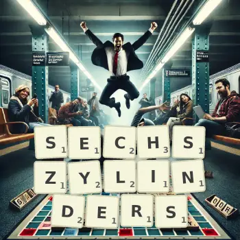 Kreative Illustration für ein Scrabble-Spiel, bei dem das Wort SECHSZYLINDERS mit Steinen auf dem Brett gelegt wurde.