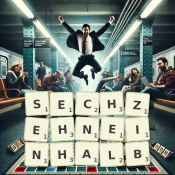 Kreative Illustration für ein Scrabble-Spiel, bei dem das Wort SECHZEHNEINHALB mit Steinen auf dem Brett gelegt wurde.