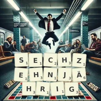 Kreative Illustration für ein Scrabble-Spiel, bei dem das Wort SECHZEHNJÄHRIG mit Steinen auf dem Brett gelegt wurde.