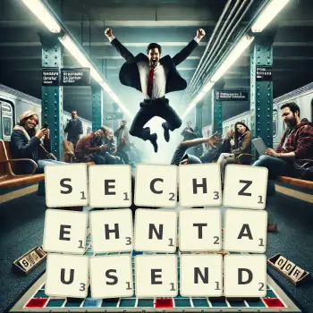 Kreative Illustration für ein Scrabble-Spiel, bei dem das Wort SECHZEHNTAUSEND mit Steinen auf dem Brett gelegt wurde.